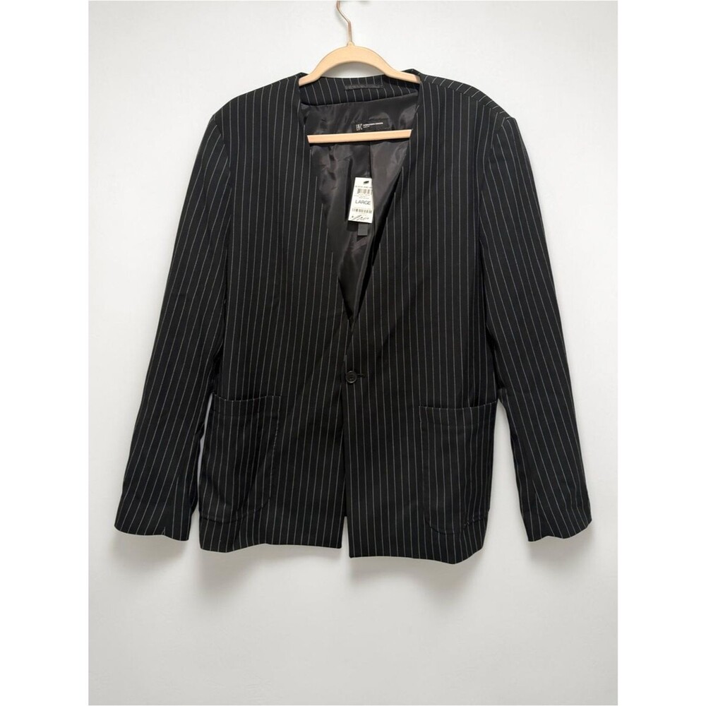 INC International Concepts Black White Pinstripe Slim Fit Blazer Jacket L NWT
